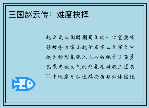 三国赵云传：难度抉择