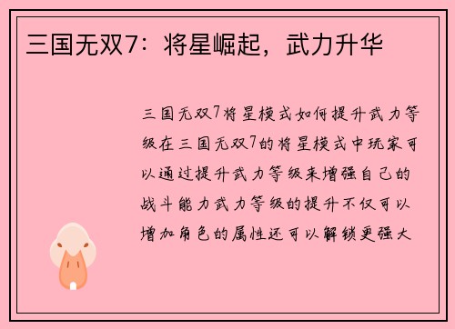 三国无双7：将星崛起，武力升华