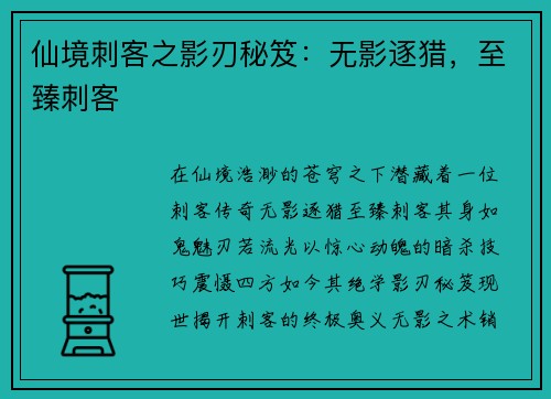 仙境刺客之影刃秘笈：无影逐猎，至臻刺客